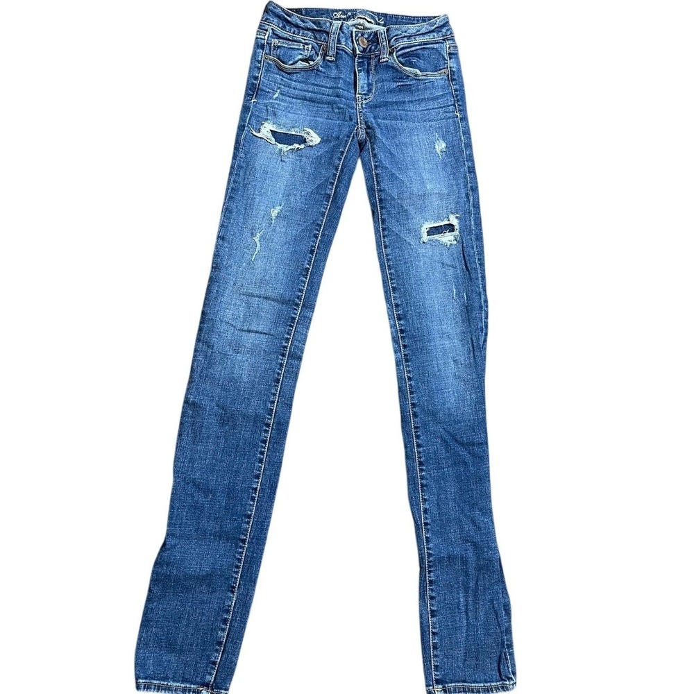 American Eagle Skinny Jeans Medium Wash Distressed Super Stretch Size 0 Long
